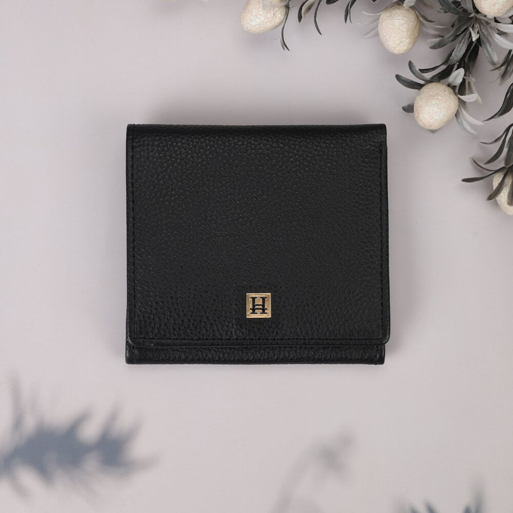 Hiroshi Genuine Leather Ladies Bi Fold Compact Black Purse