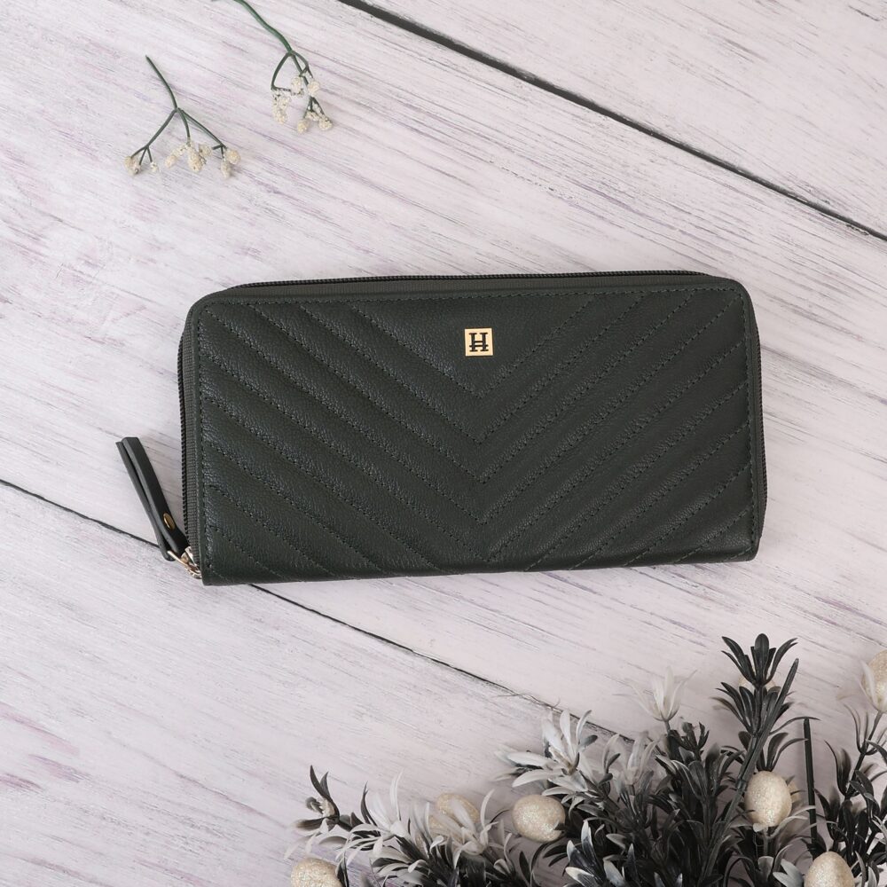 Hiroshi Quilted Signature Green Zip Around Purse