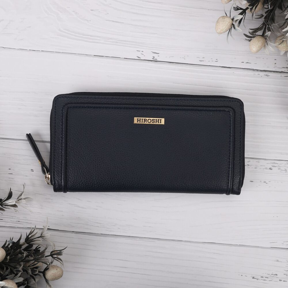 Hiroshi Genuine Leather Ladies Navy Zip Around Purse